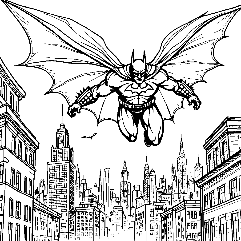 Batman flying over Gotham City