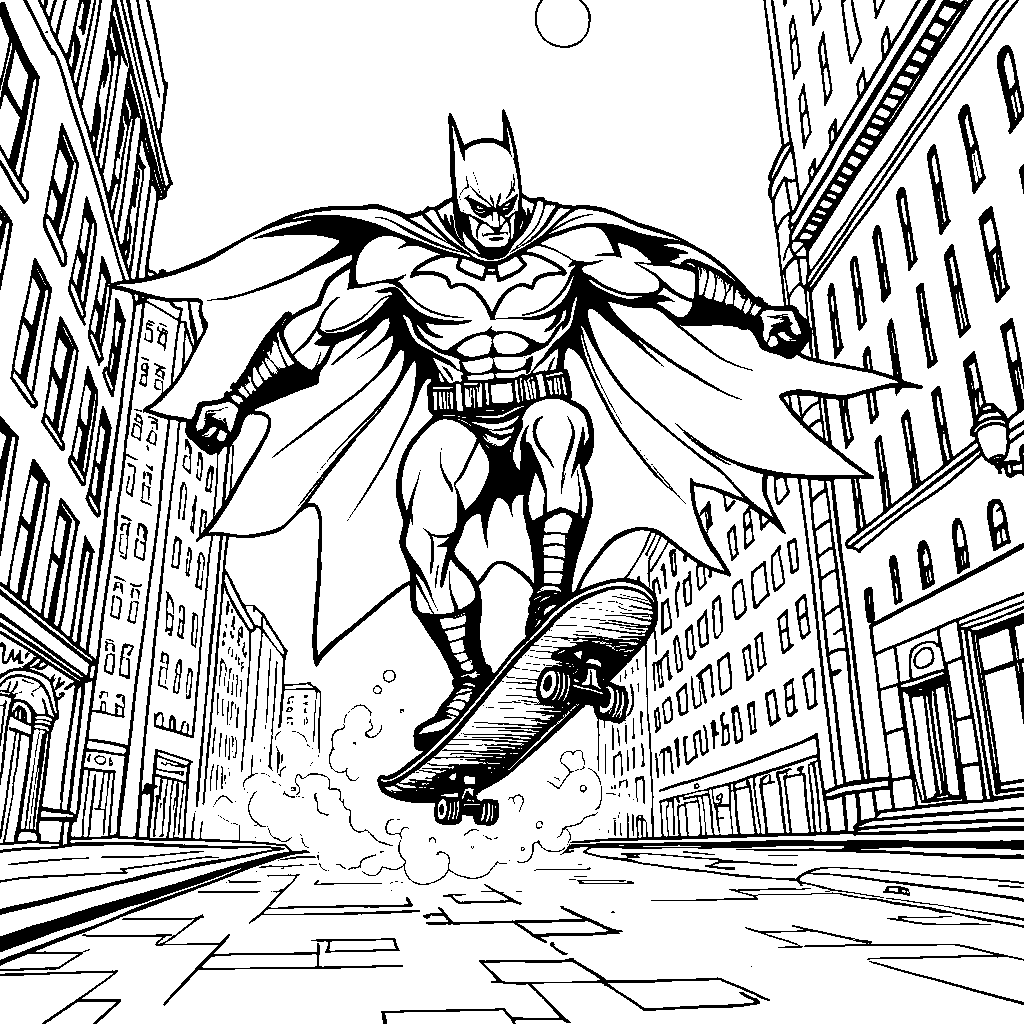 Batman riding a skateboard through the streets of Gotham