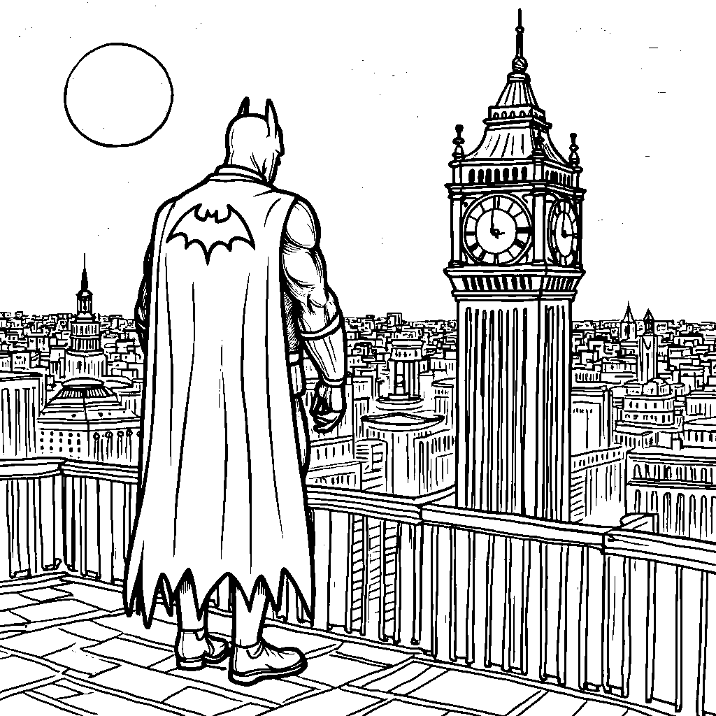 Batman standing on top of the Gotham City clock tower