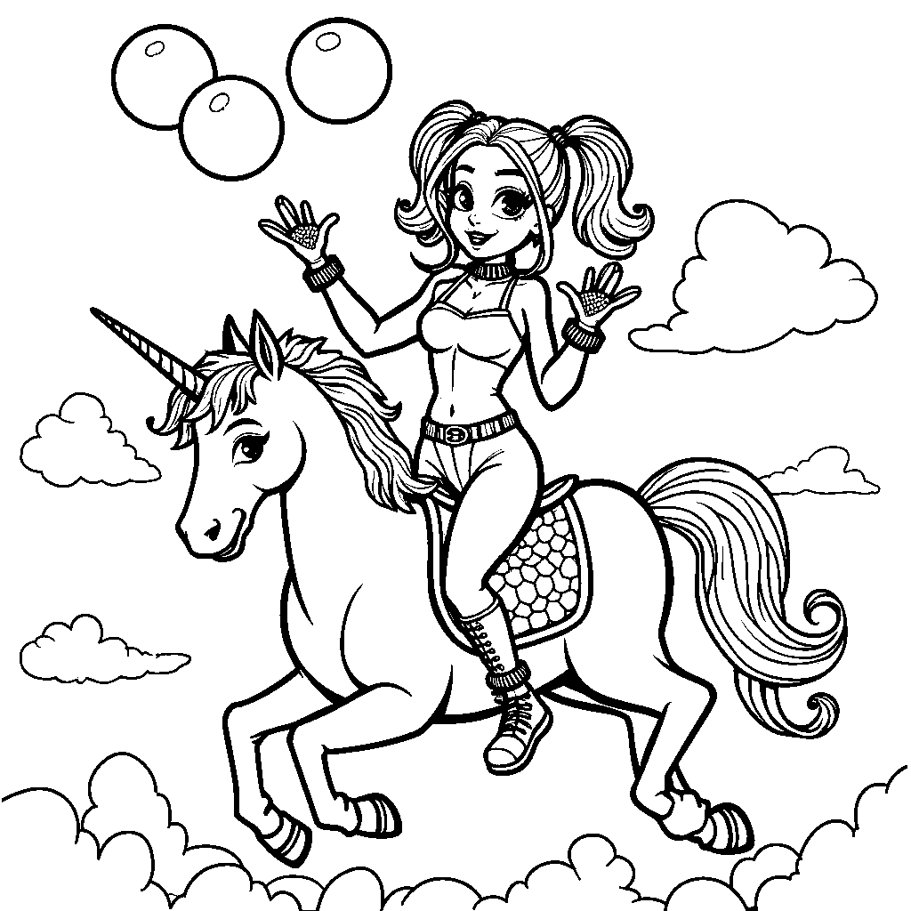 Harley Quinn juggling three balls while riding a unicorn