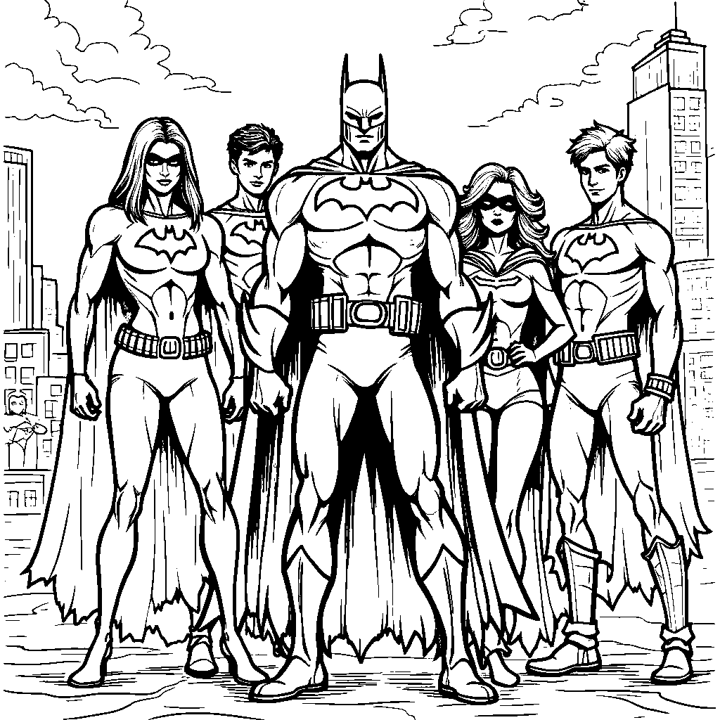 The Bat-Family, including Nightwing and Red Robin, standing together