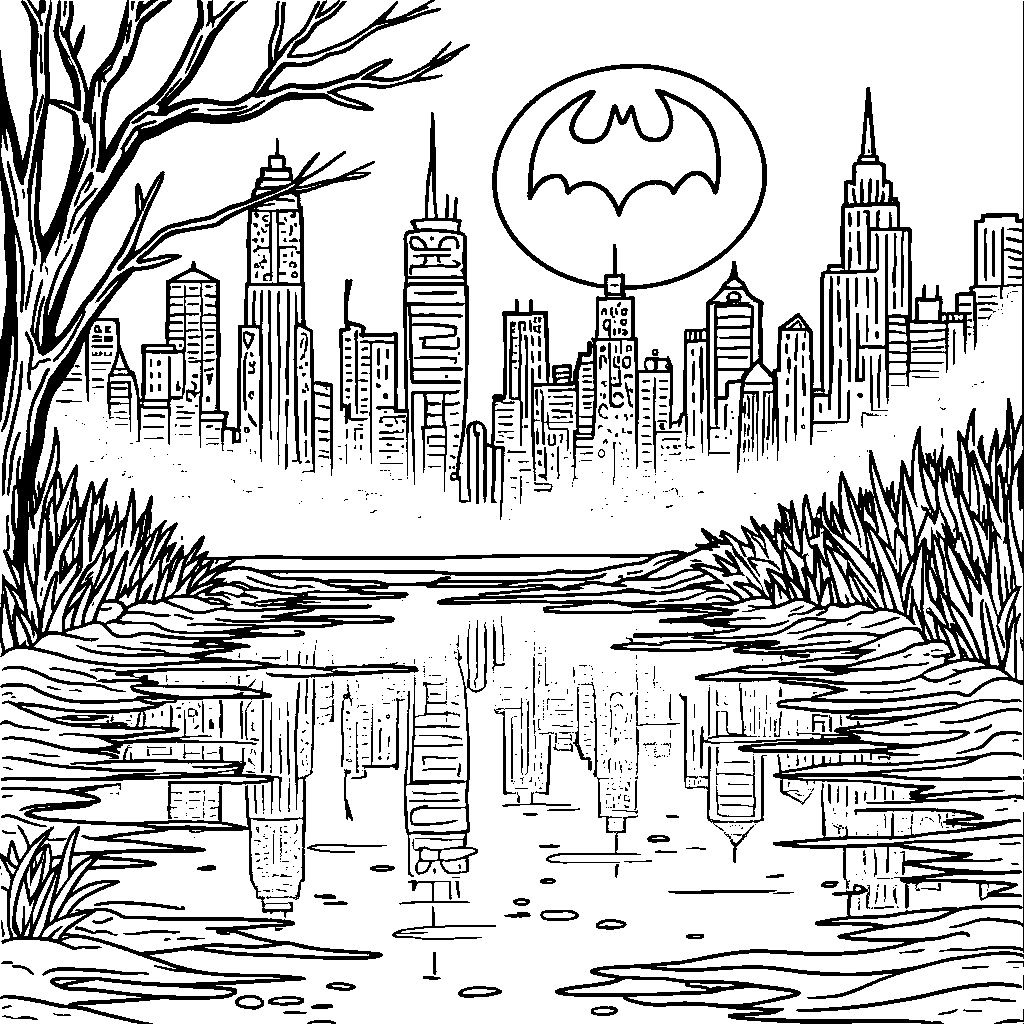 The Bat-Signal reflected in a puddle of water