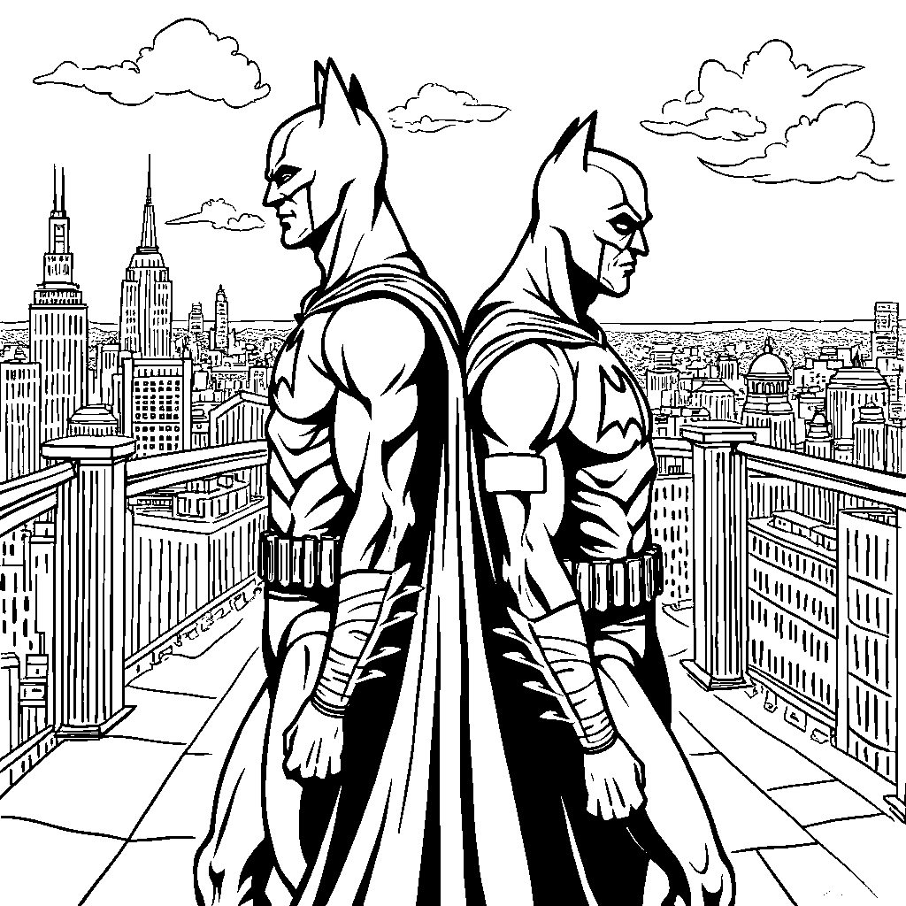 The Dynamic Duo, Batman and Robin, standing back-to-back