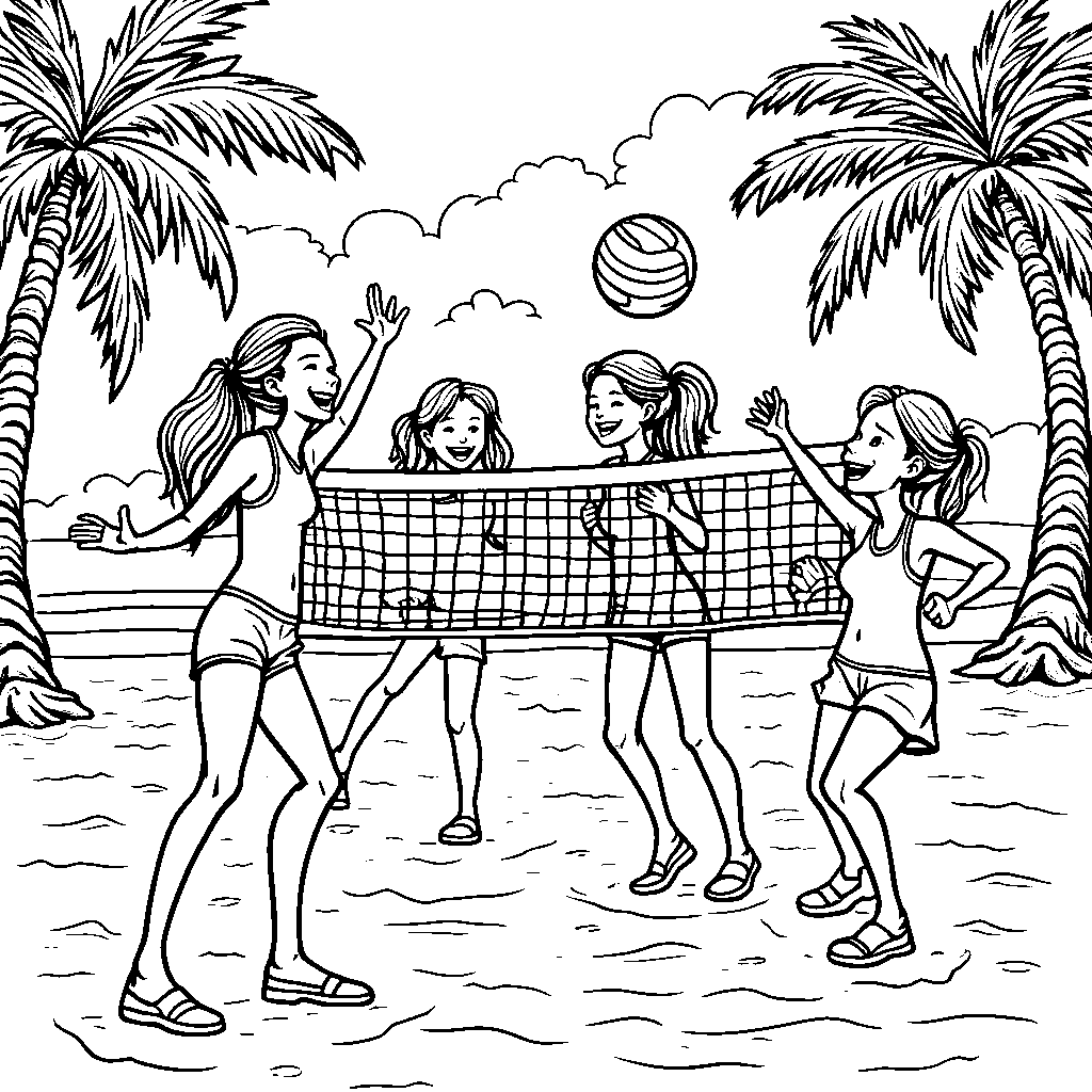 A beach volleyball game with smiling players