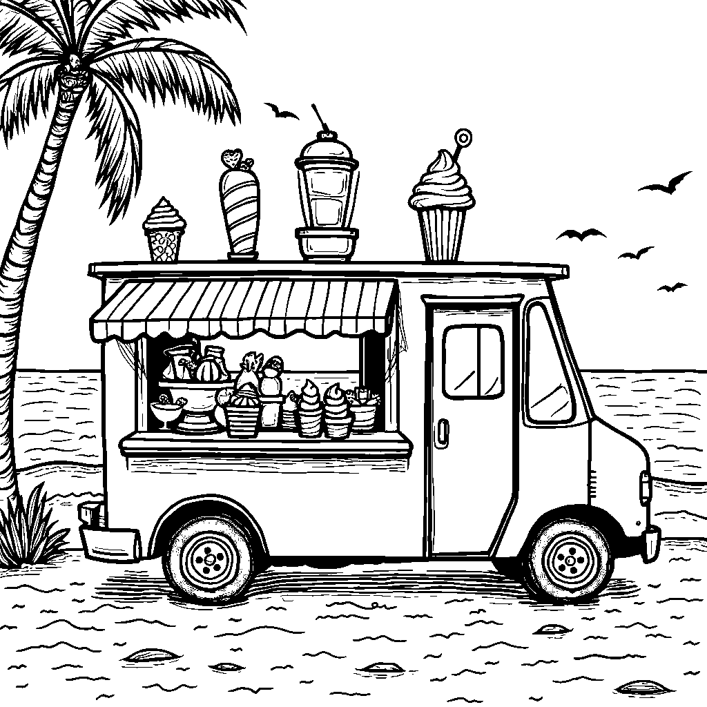 A beachside ice cream truck with colorful treats