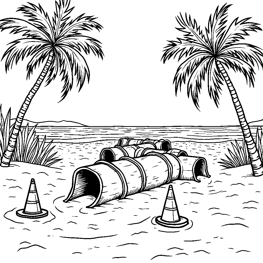 A beachside obstacle course with tunnels and cones