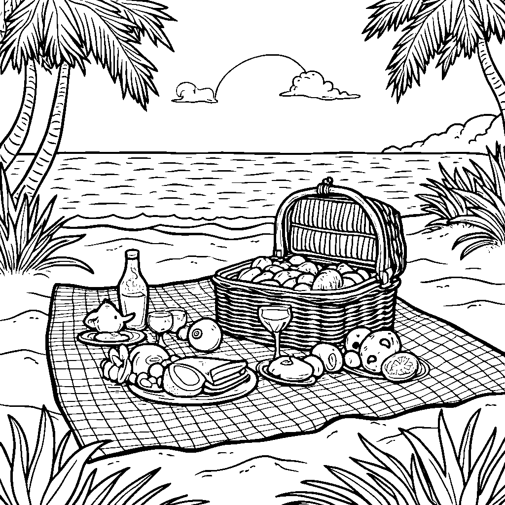 A beachside picnic with a red-and-white checkered blanket