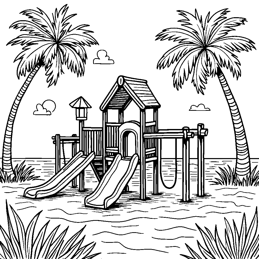 A beachside playground with a jungle gym and slide