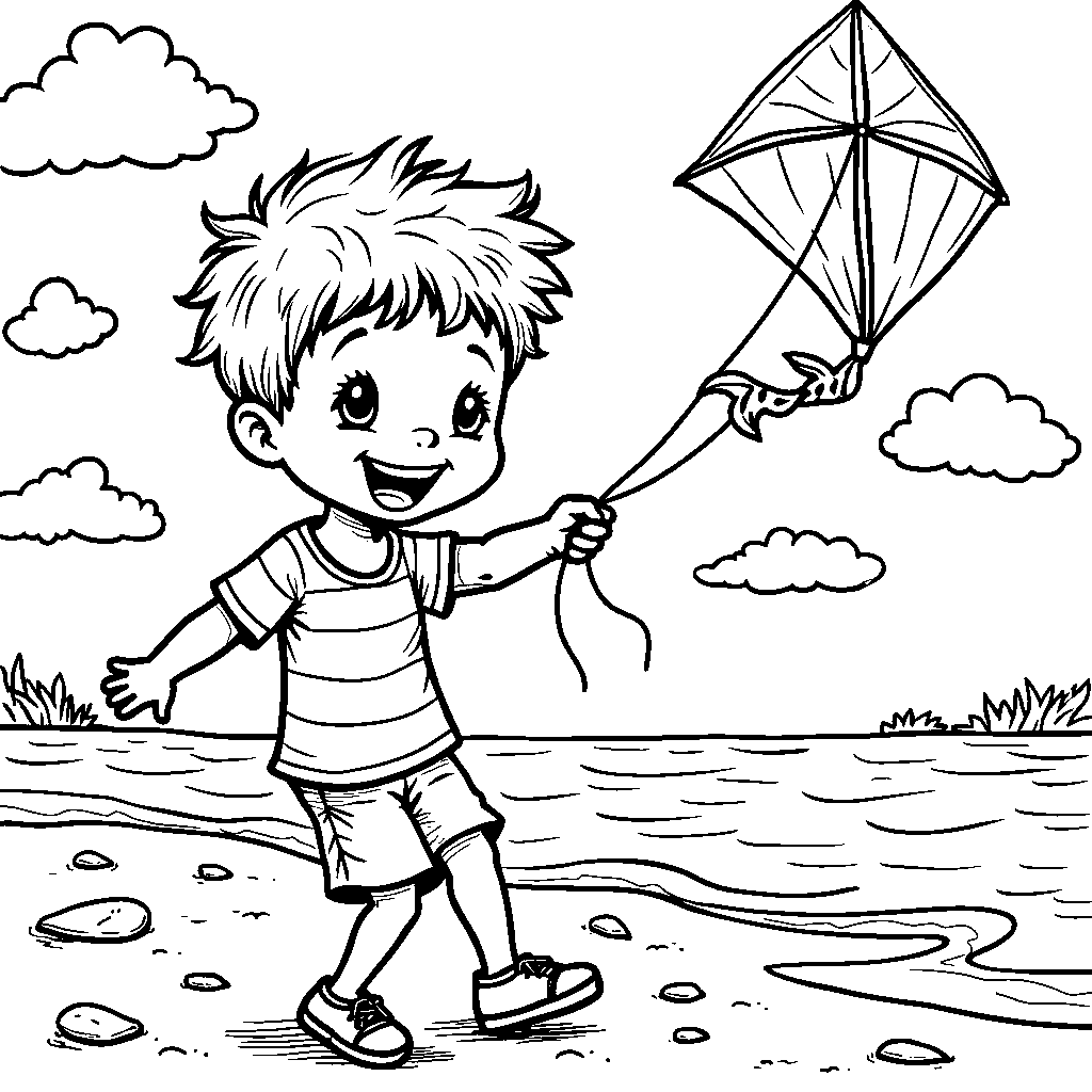 A boy flying a kite with a beach-themed tail