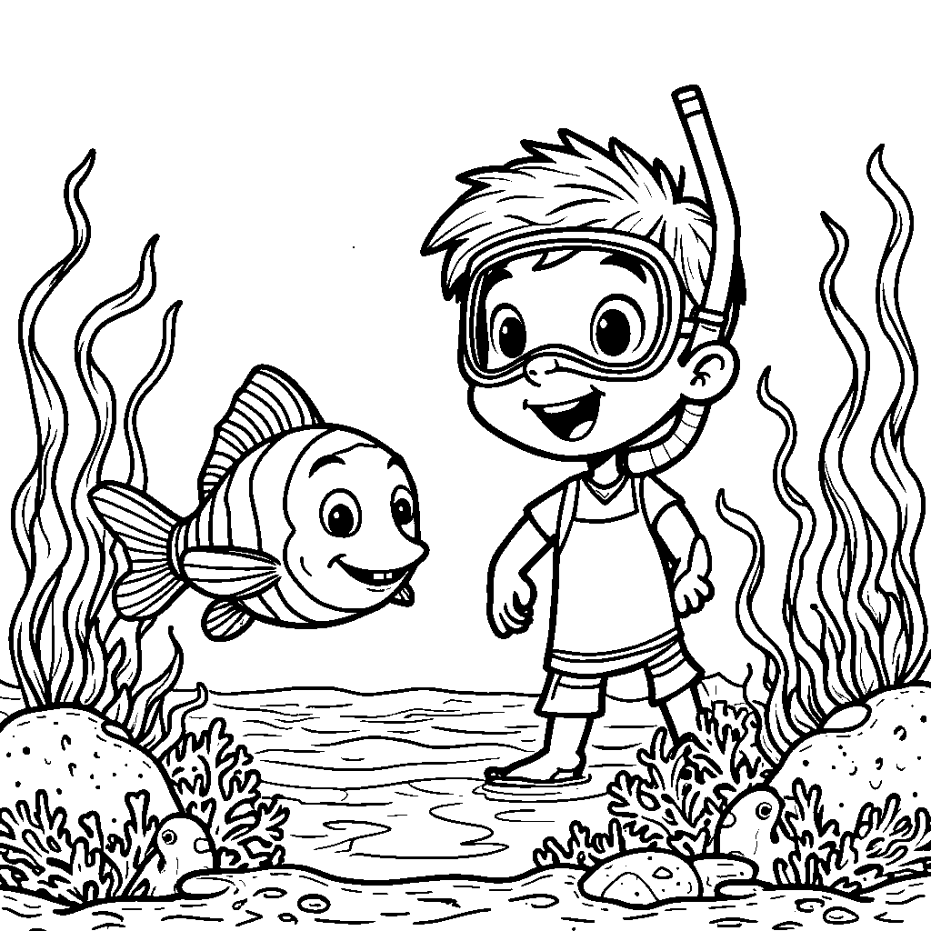 A boy snorkeling in the ocean with a fish friend