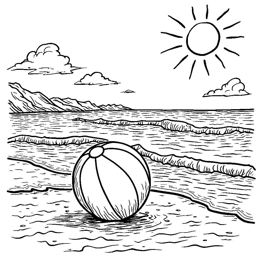 A colorful beach ball bouncing on the shore