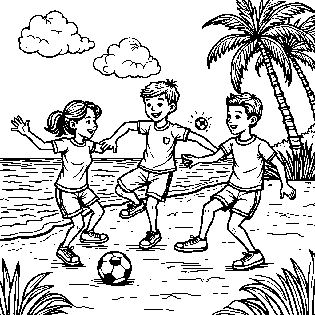 A group of friends playing beach soccer