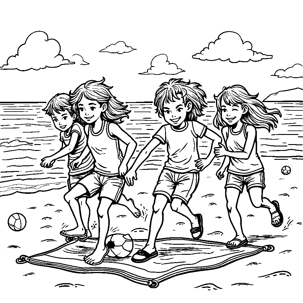 A group of friends playing beach tag