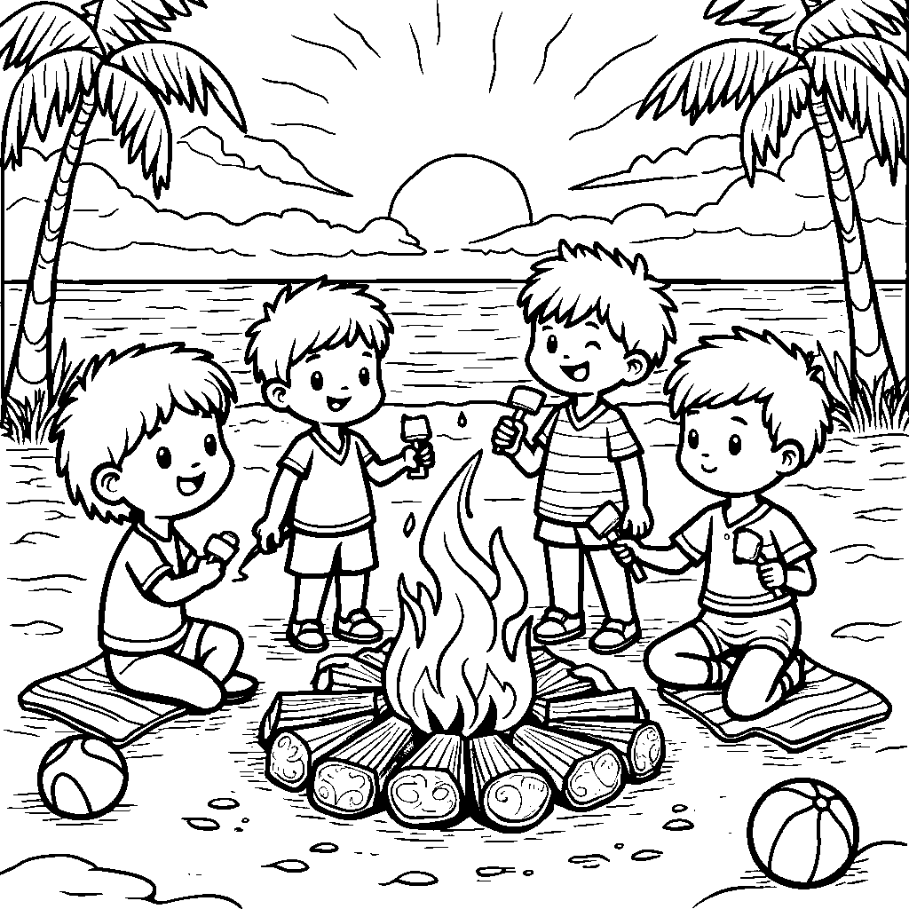 A group of kids having a beach bonfire with s'mores