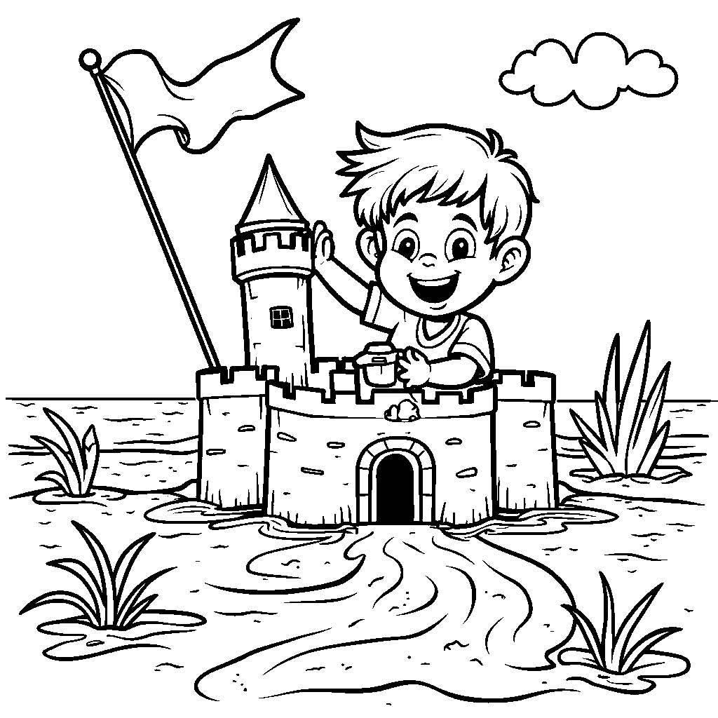 A little boy building a sandcastle with a moat and flag