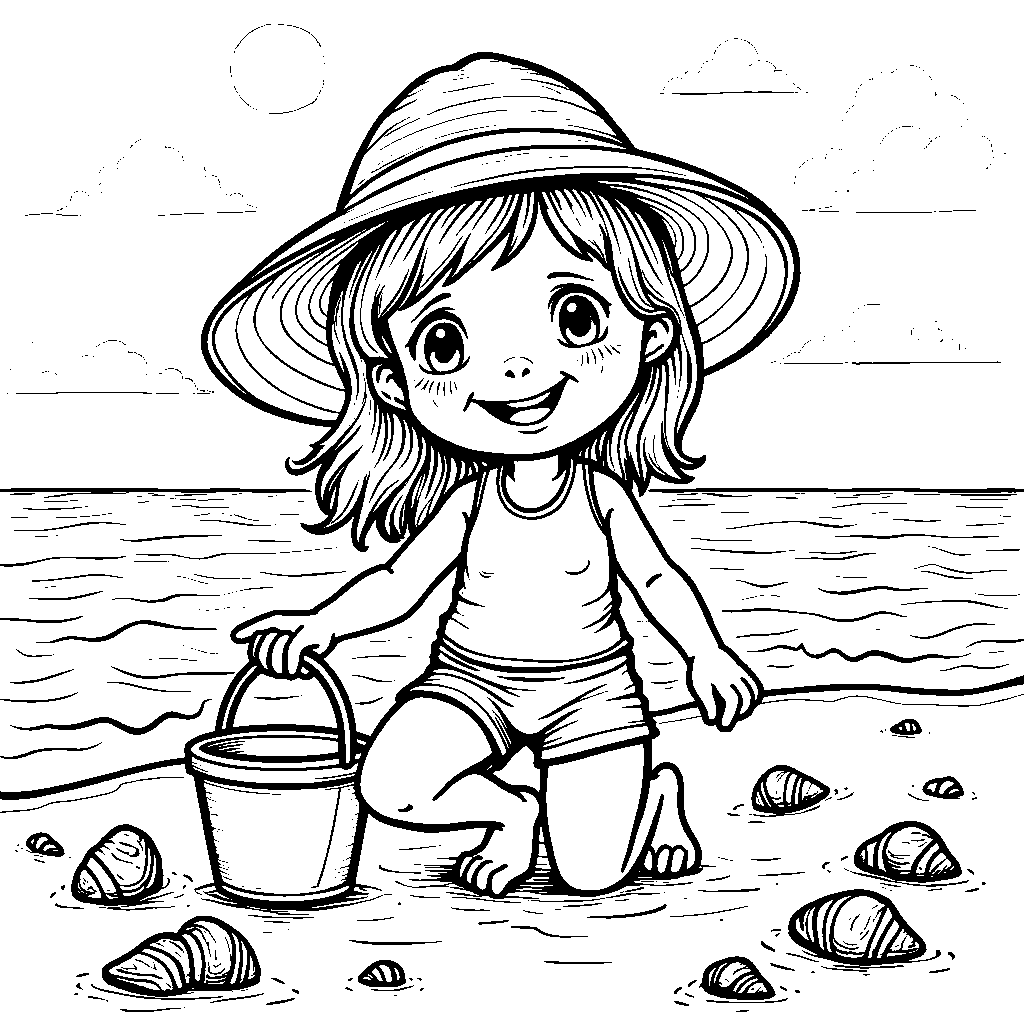 A little girl collecting seashells in a bucket