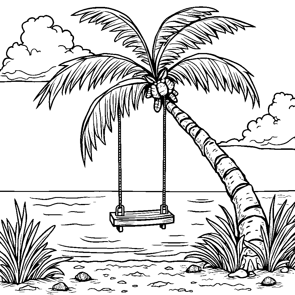 A palm tree with a swing hanging from its branch