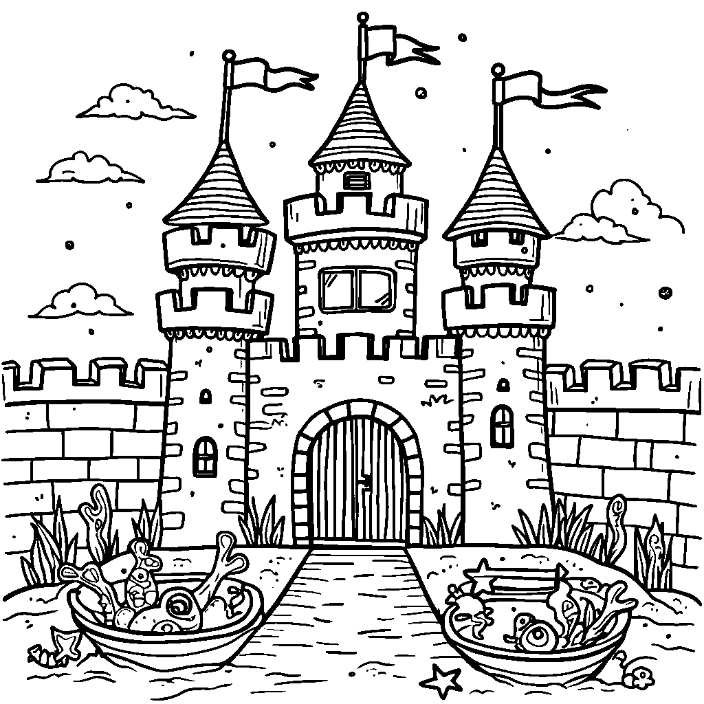 A sandcastle with a working drawbridge and moat