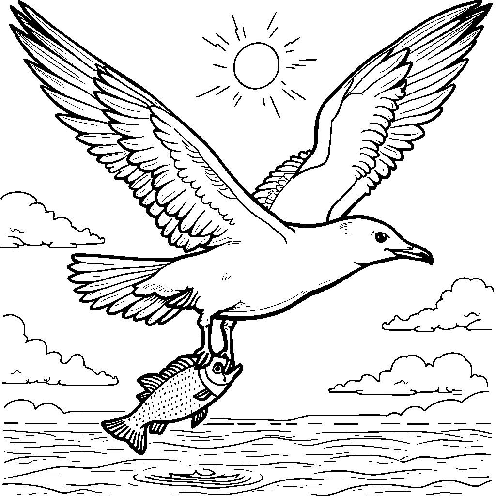 A seagull flying overhead with a fish in its beak