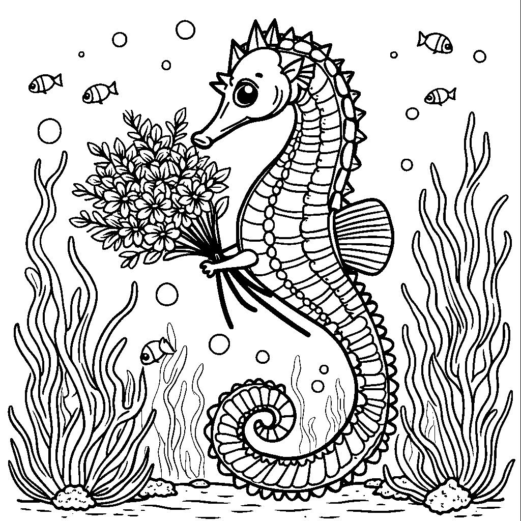 A seahorse carrying a bouquet of seaweed flowers