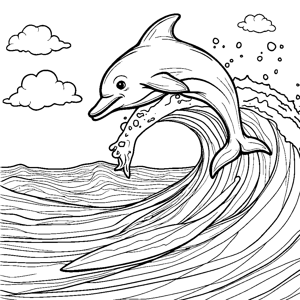 A surfboard riding dolphin jumping over a wave