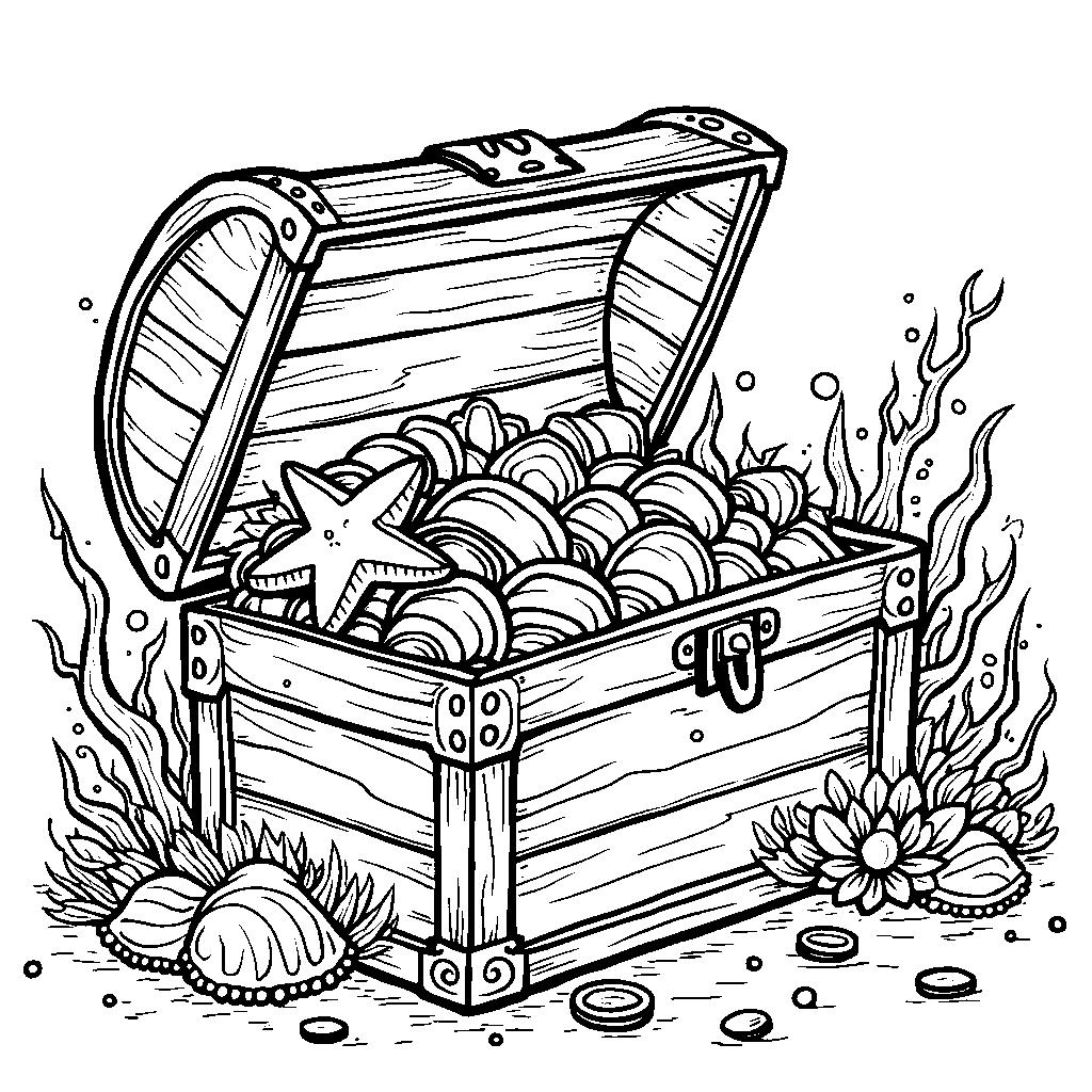 A treasure chest overflowing with seashells and starfish