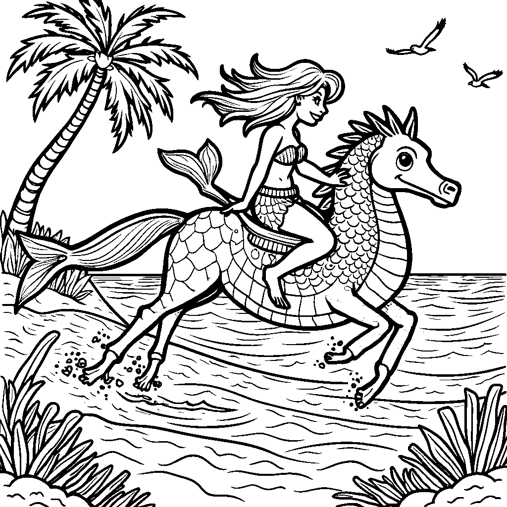 Mermaid riding a seahorse on a sunny beach