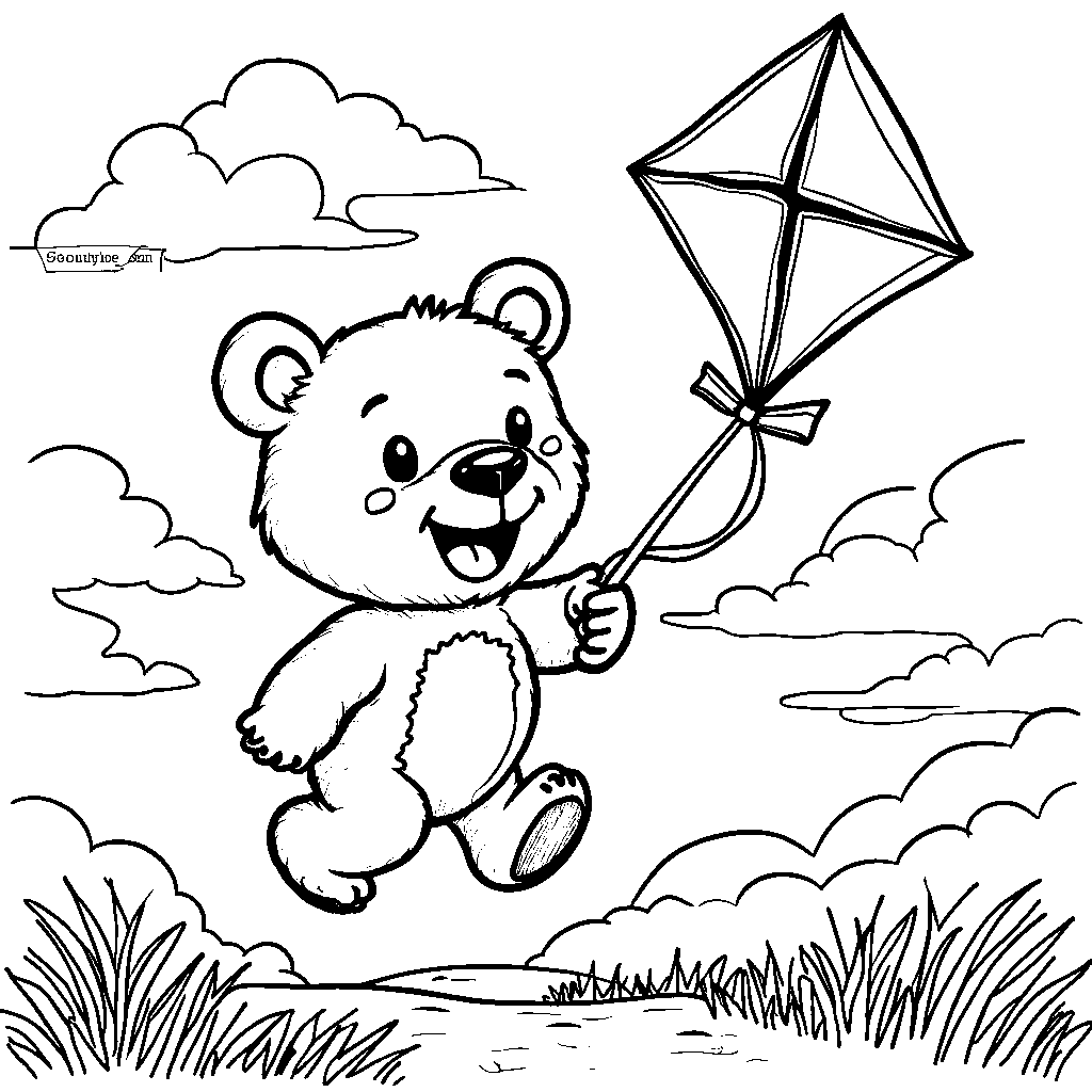 Bear flying a kite in the sky