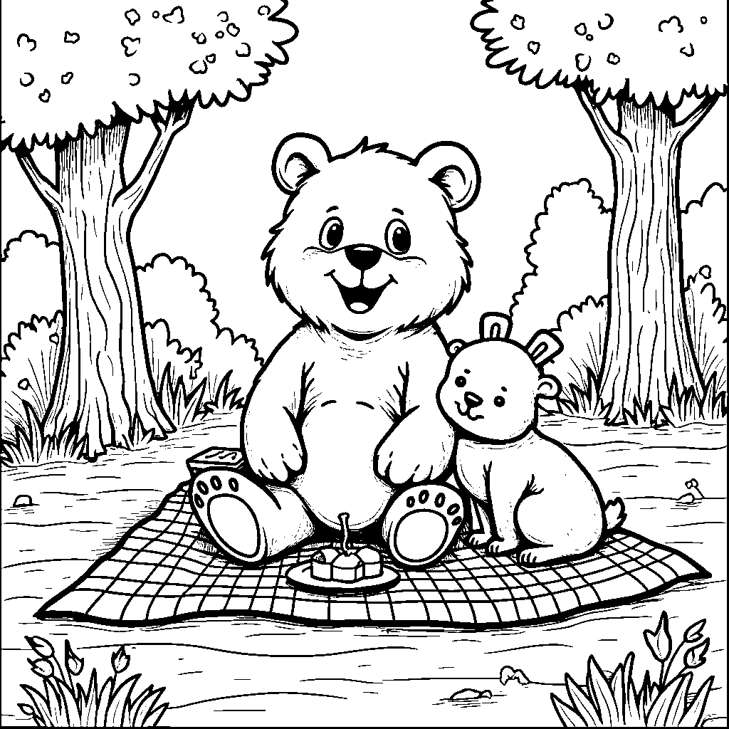 Bear having a picnic with friends in the woods