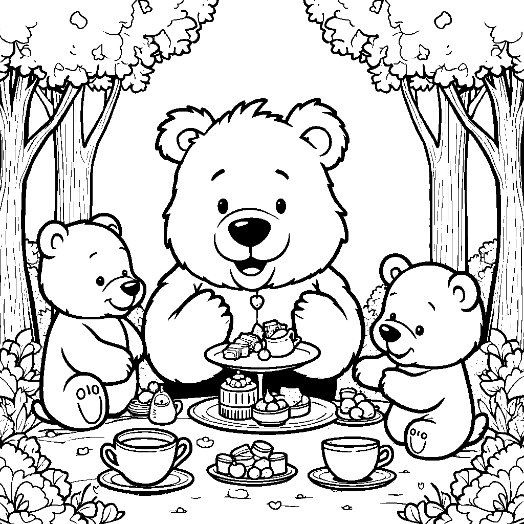 Bear having a tea party with stuffed animals