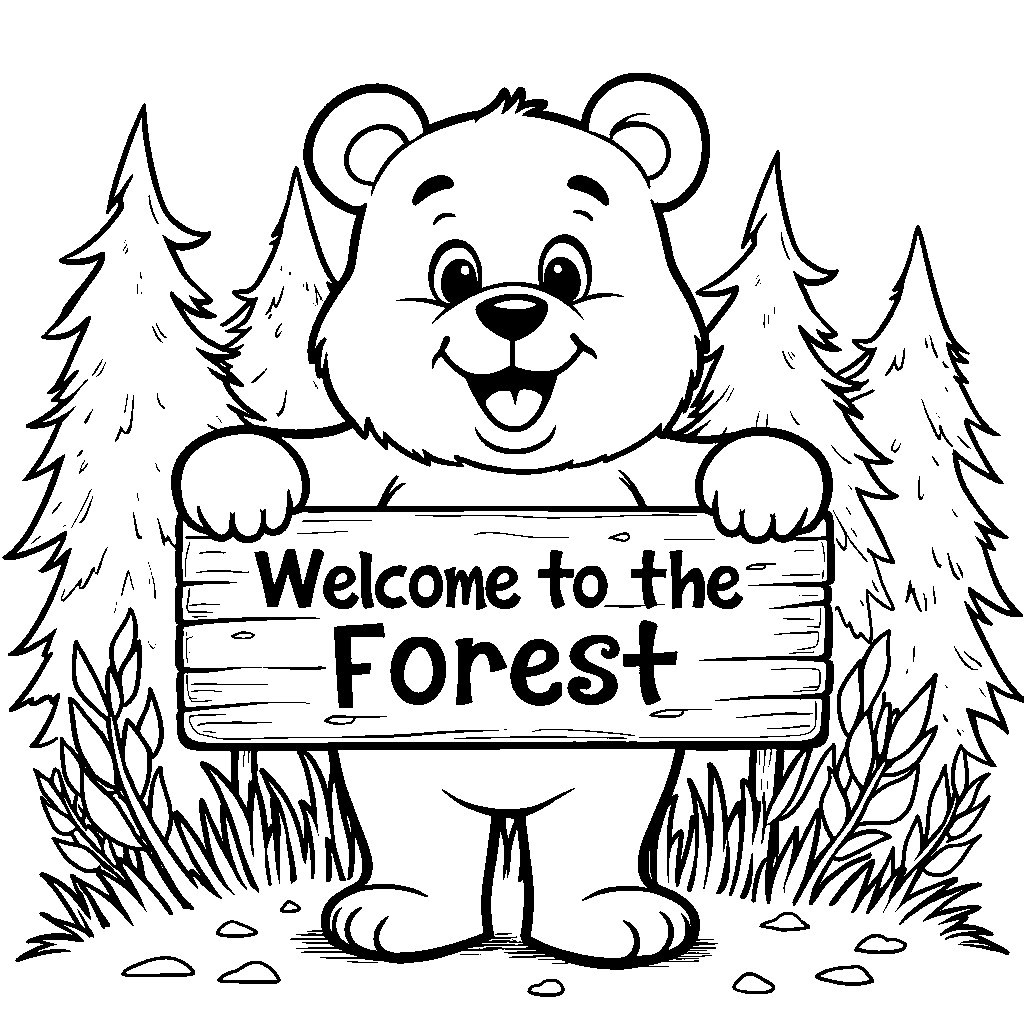 Bear holding a 'Welcome to the Forest' sign