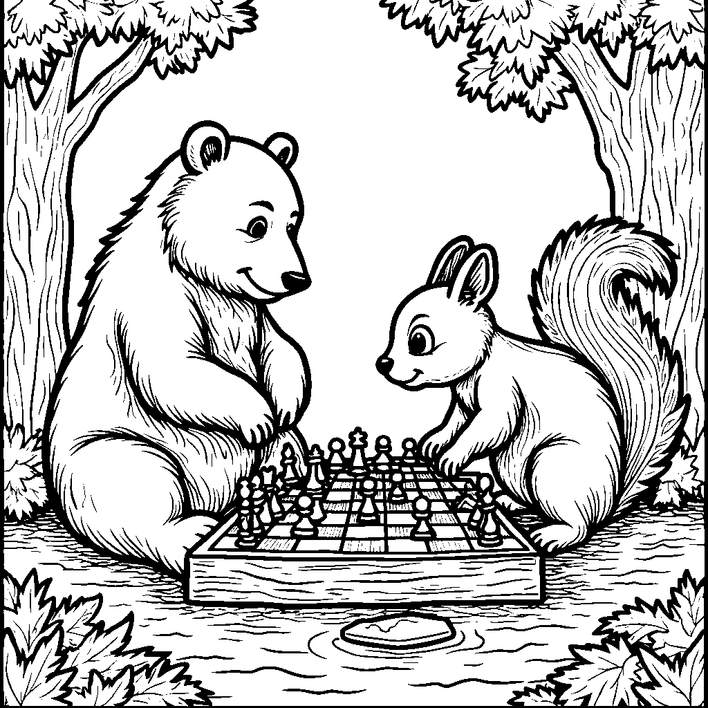 Bear playing chess with a squirrel