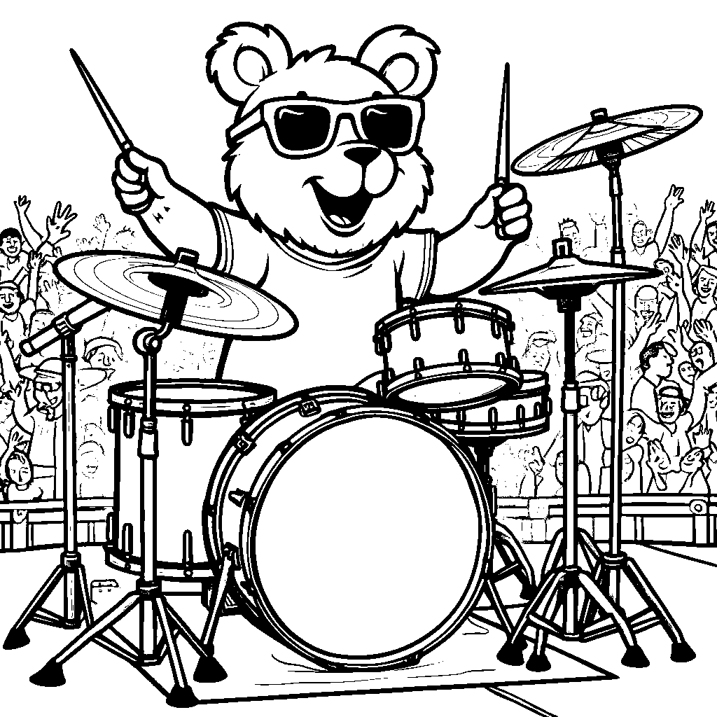 Bear playing drums in a rock band