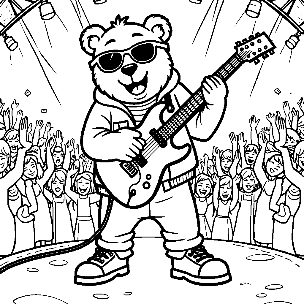 Bear playing the guitar on stage