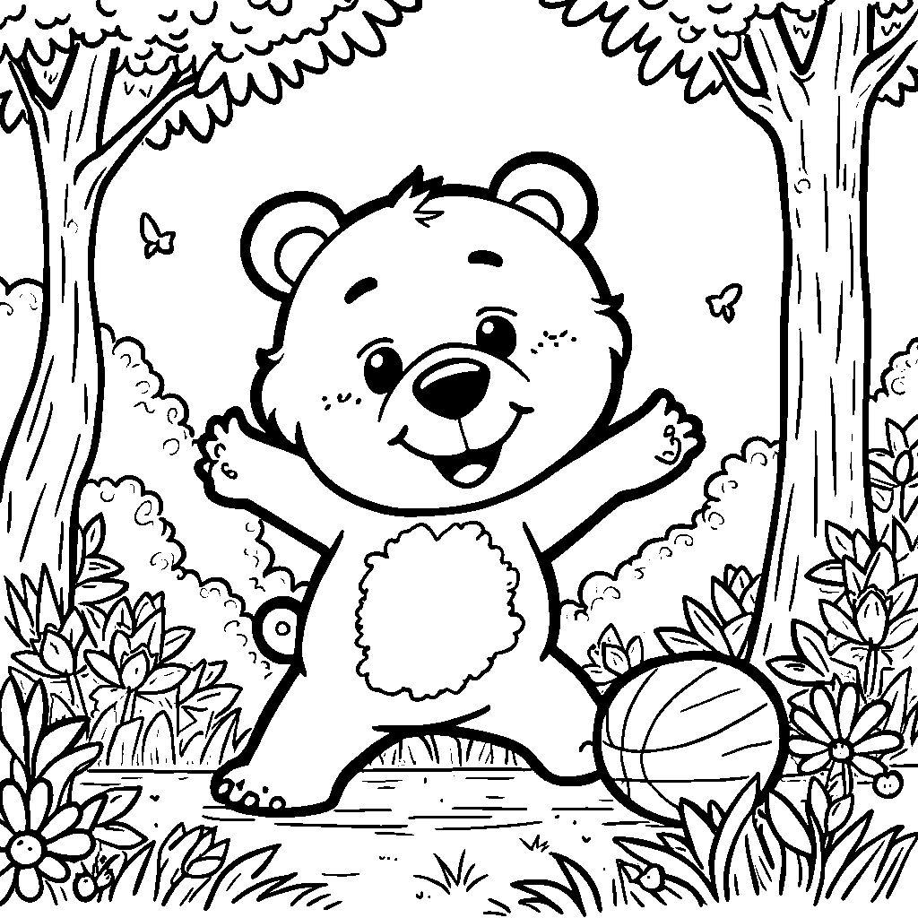 Bear playing with a ball in the forest