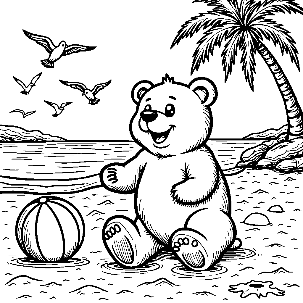 Bear playing with a beach ball on the beach