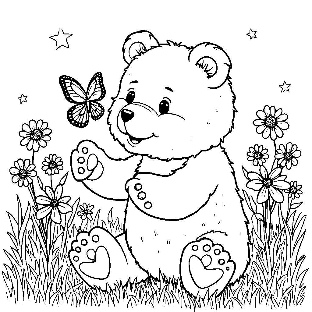 Bear playing with a butterfly in a meadow