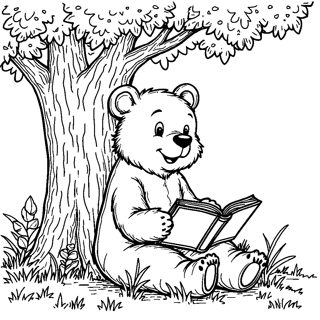 Bear reading a book under a tree