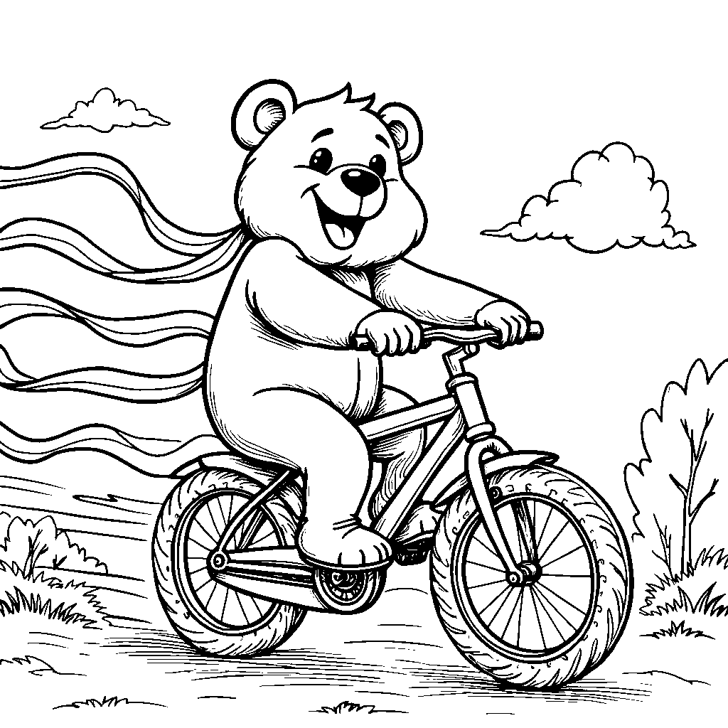 Bear riding a bicycle with streamers on the handlebars