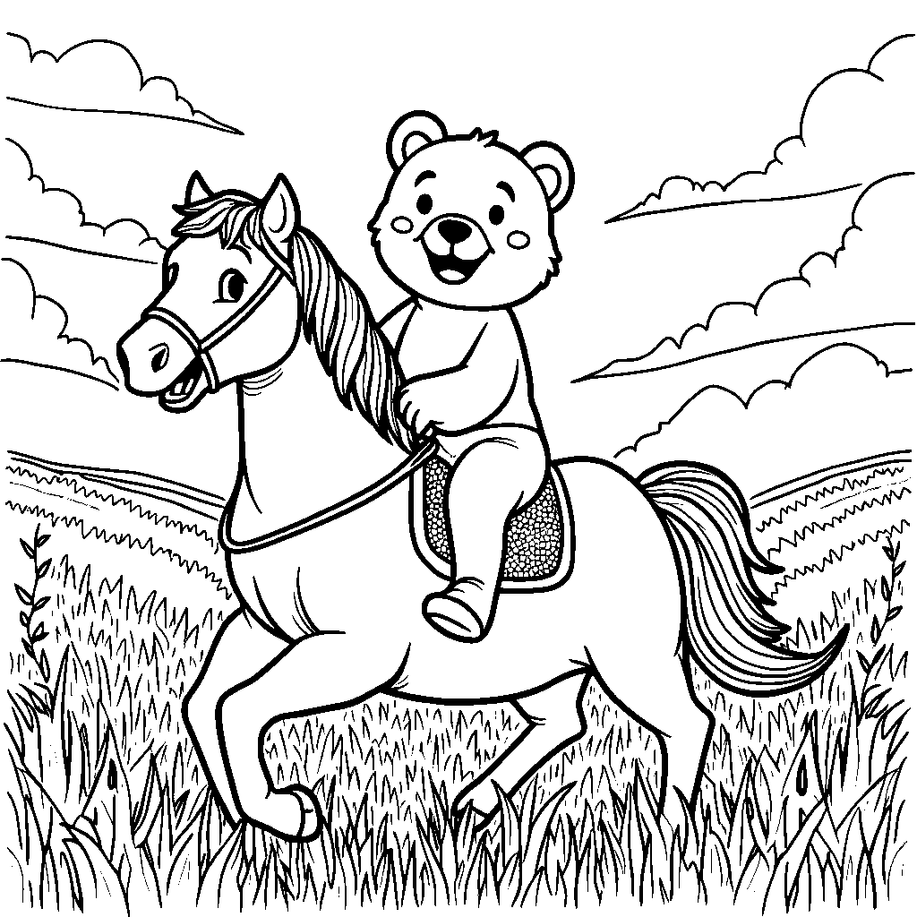 Bear riding a horse through a field of wildflowers