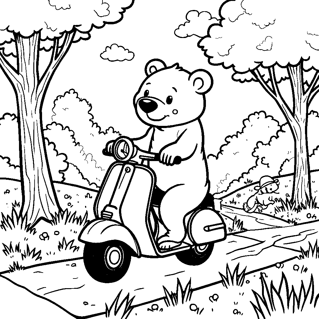 Bear riding a scooter down a sidewalk