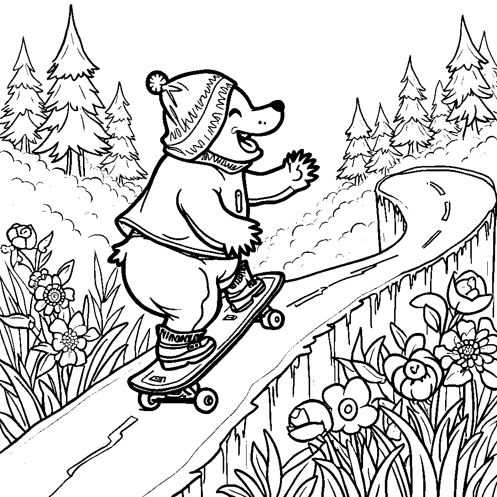 Bear riding a skateboard down a hill