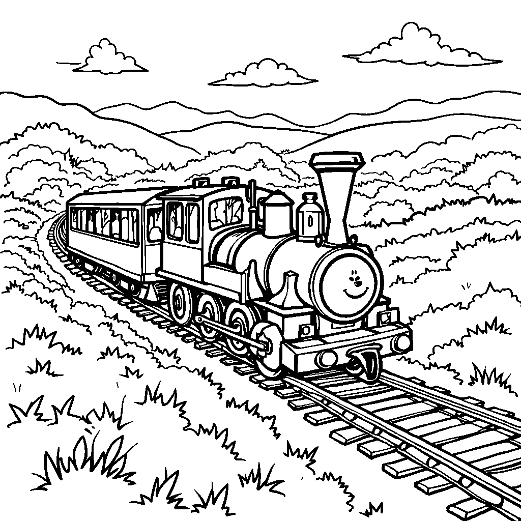 Bear riding a train through the countryside