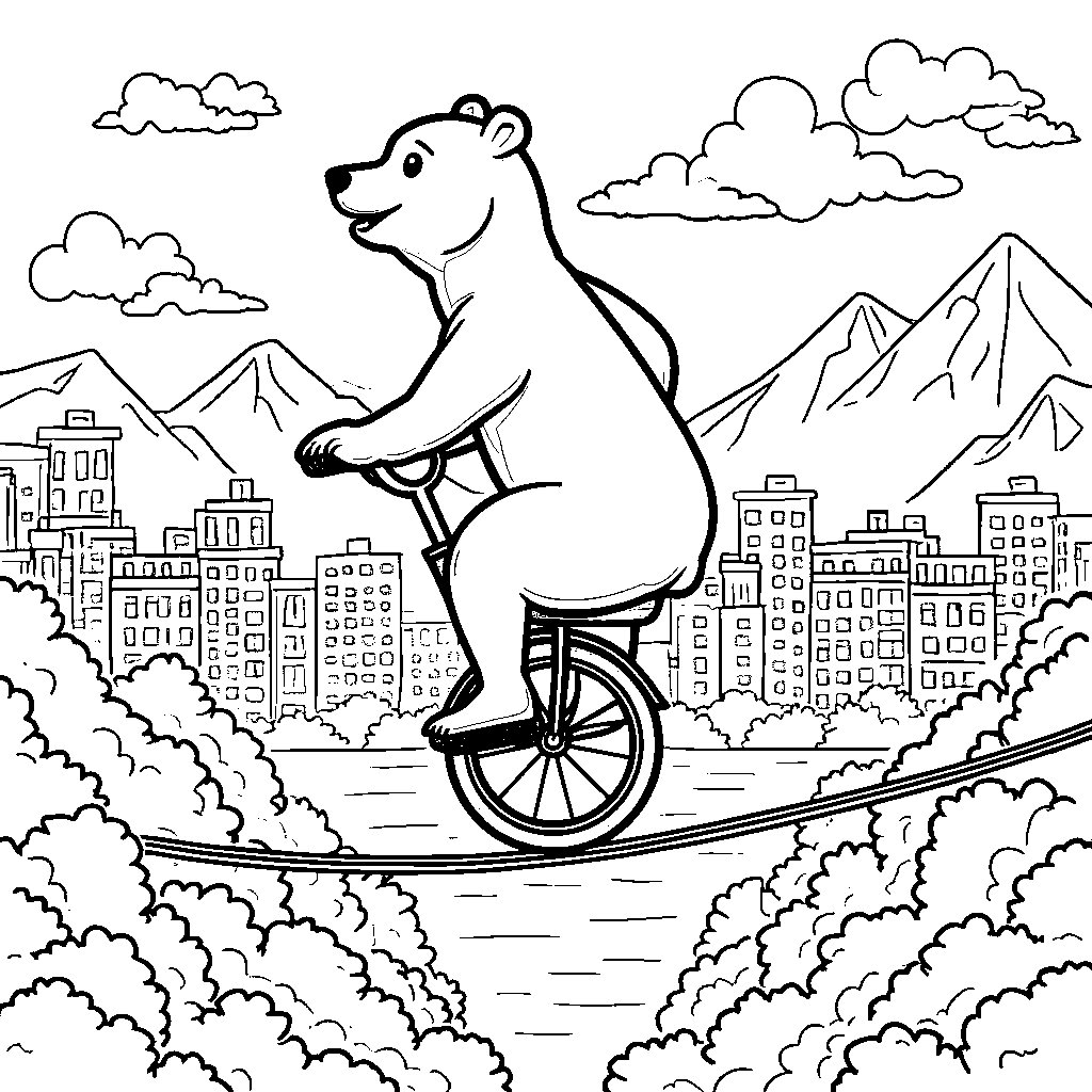 Bear riding a unicycle on a tightrope