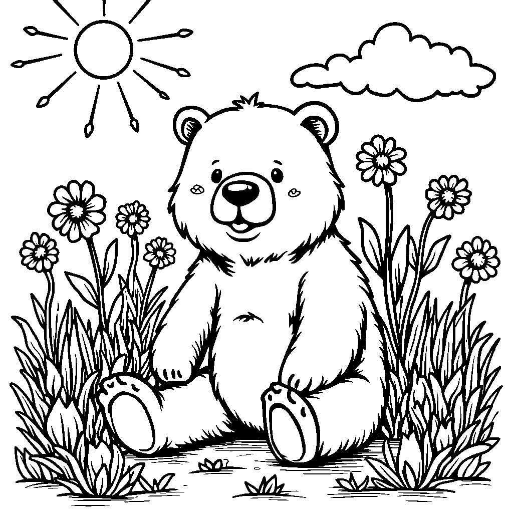 Bear sitting in a garden surrounded by flowers