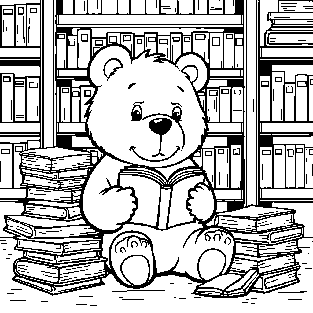 Bear sitting in a library surrounded by books