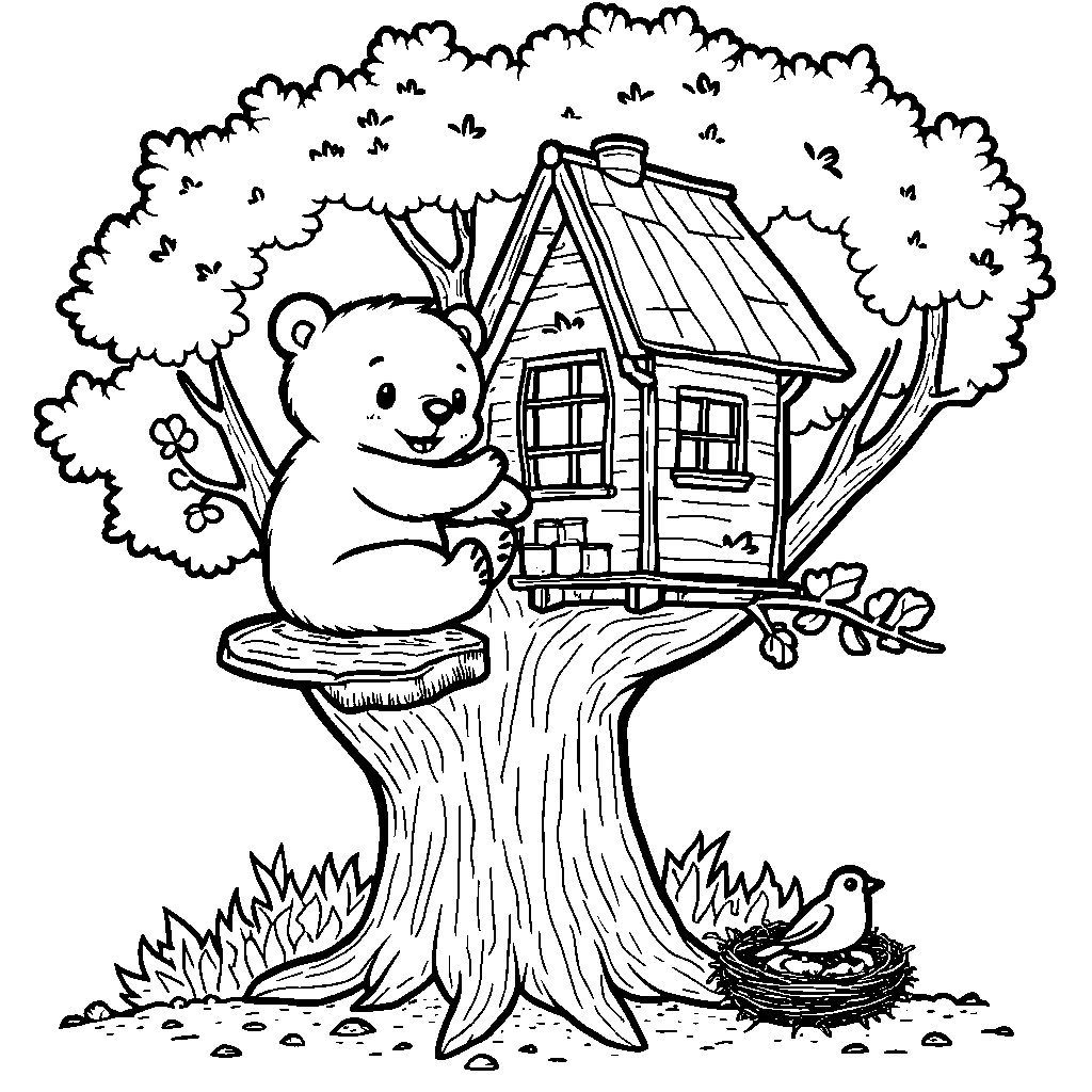 Bear sitting in a treehouse with a bird's nest