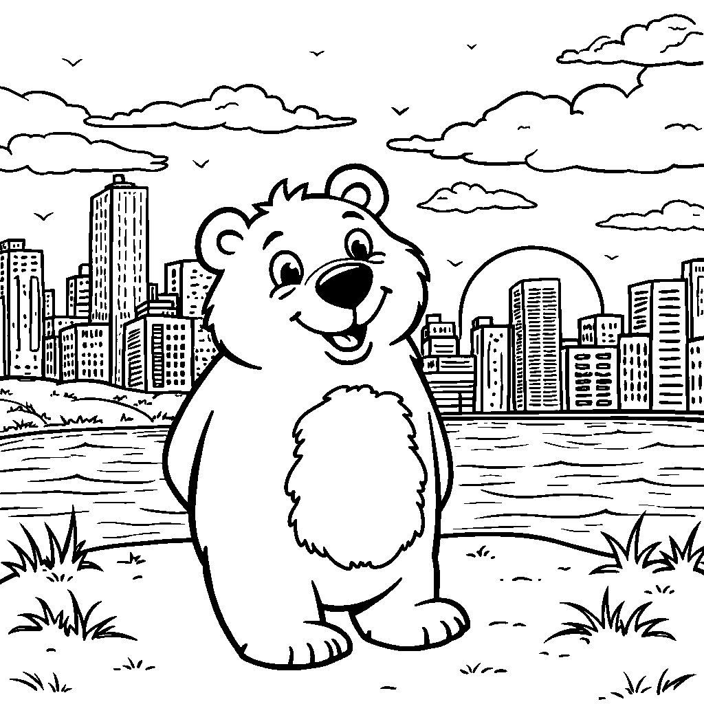 Bear standing in front of a city skyline