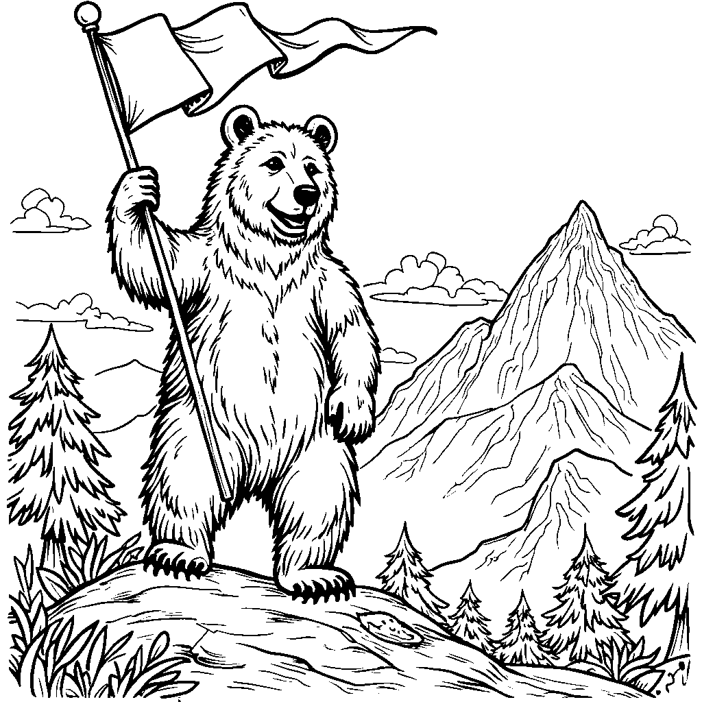 Bear standing on a mountain peak with a flag