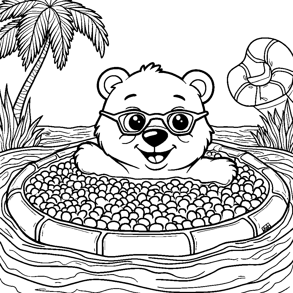 Bear swimming in a pool filled with jelly beans